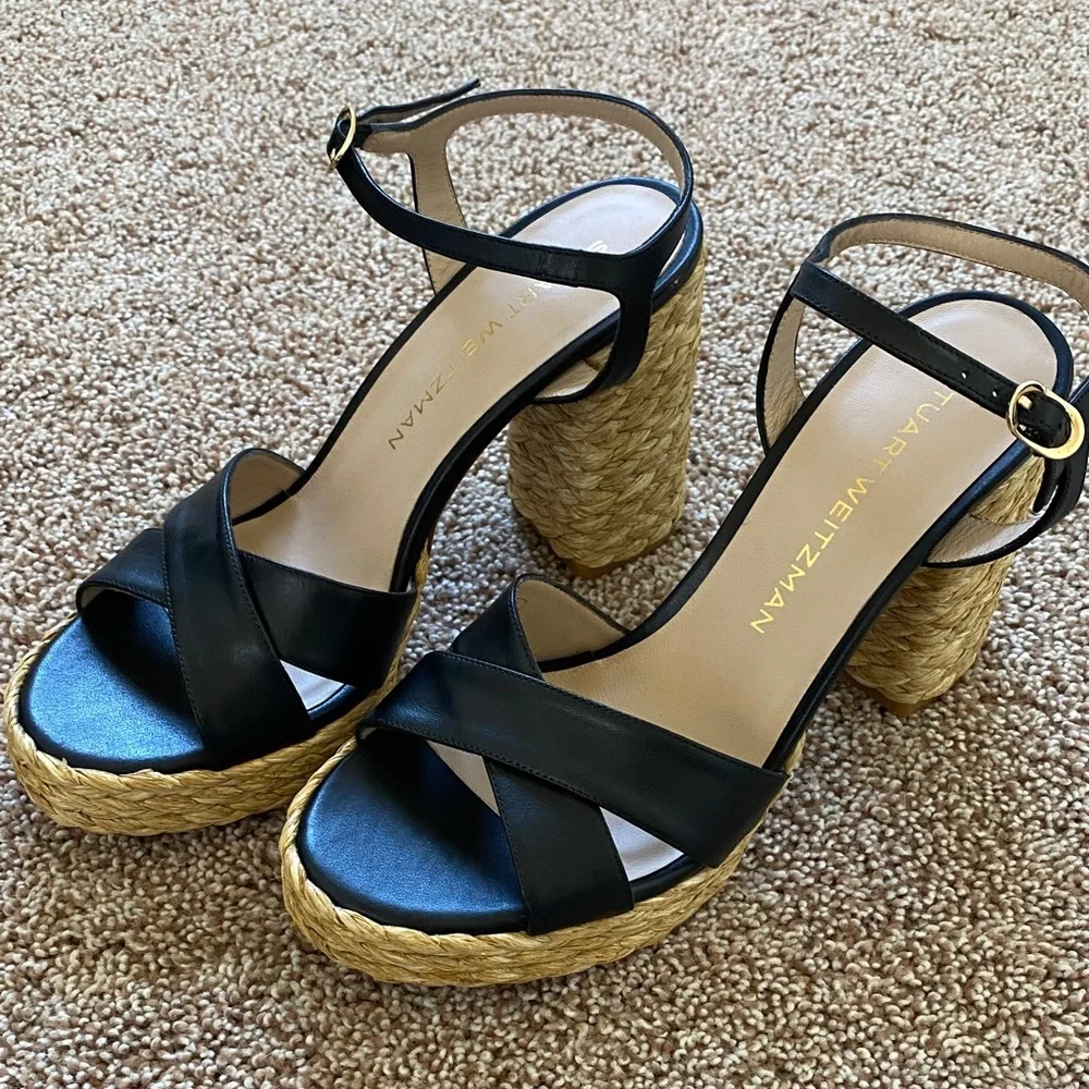 Stuart Weitzman Dayna Black and Tan Platform Sandals